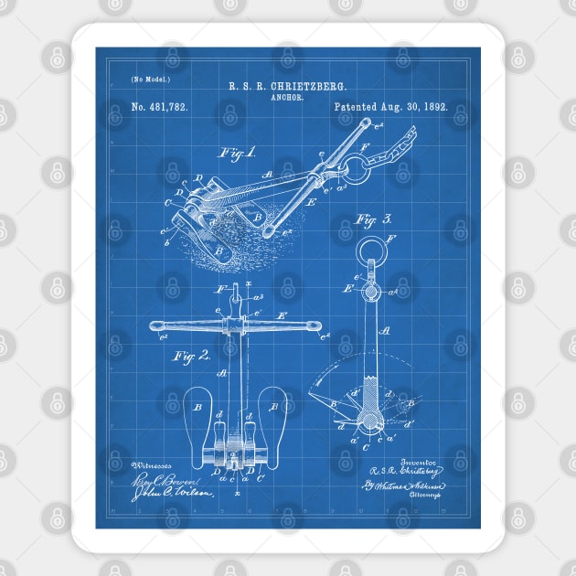 Ships Anchor Patent - Anchor Art - Blueprint Sticker by patentpress